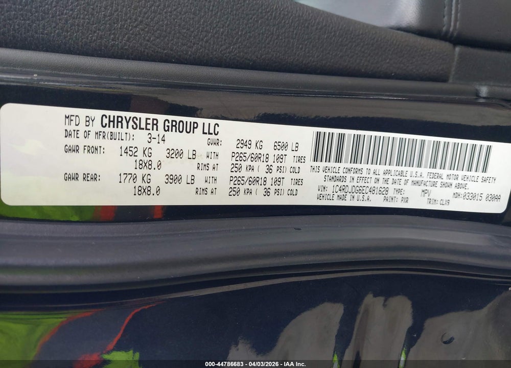 2014 DODGE DURANGO LIMITED VIN: 1C4RDJDG6EC481628