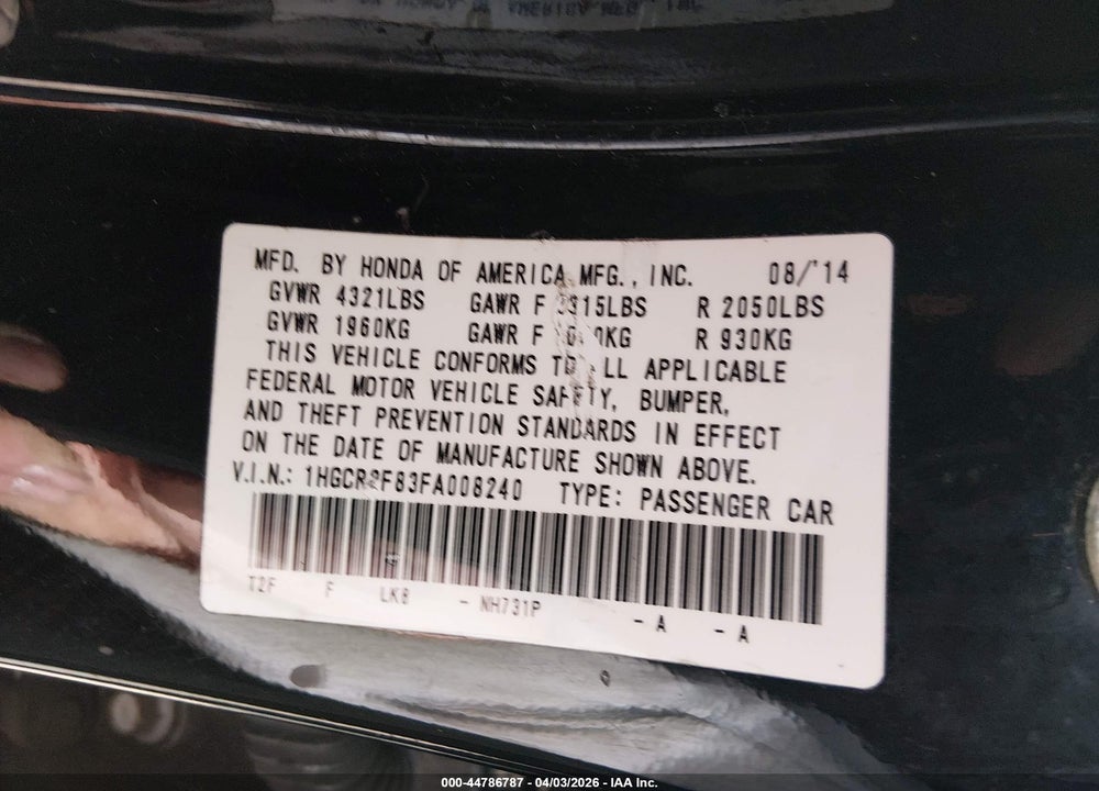 2015 HONDA ACCORD EX-L VIN: 1HGCR2F83FA008240