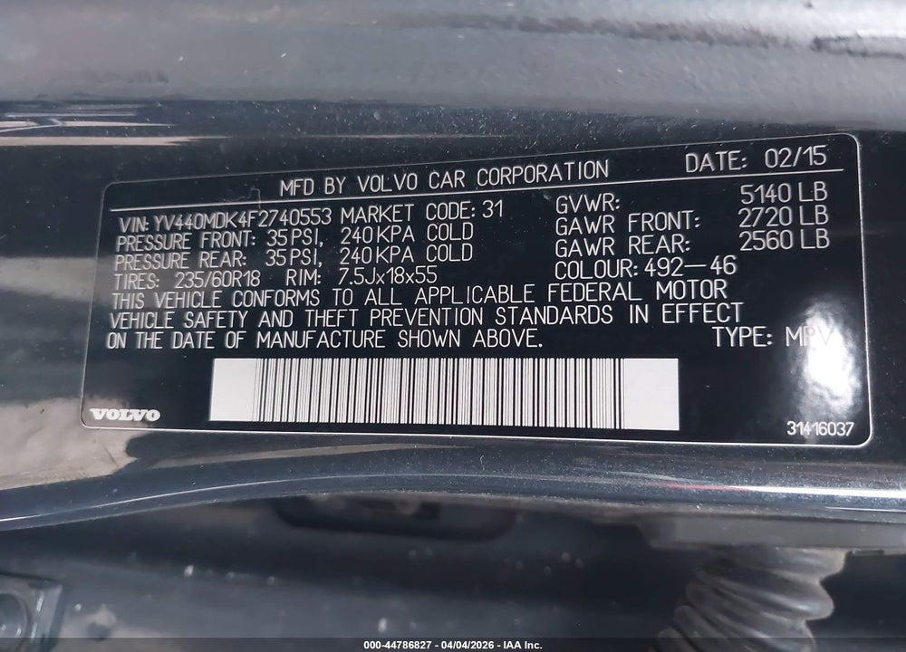 2015 VOLVO XC60 T5 PREMIER VIN: YV440MDK4F2740553