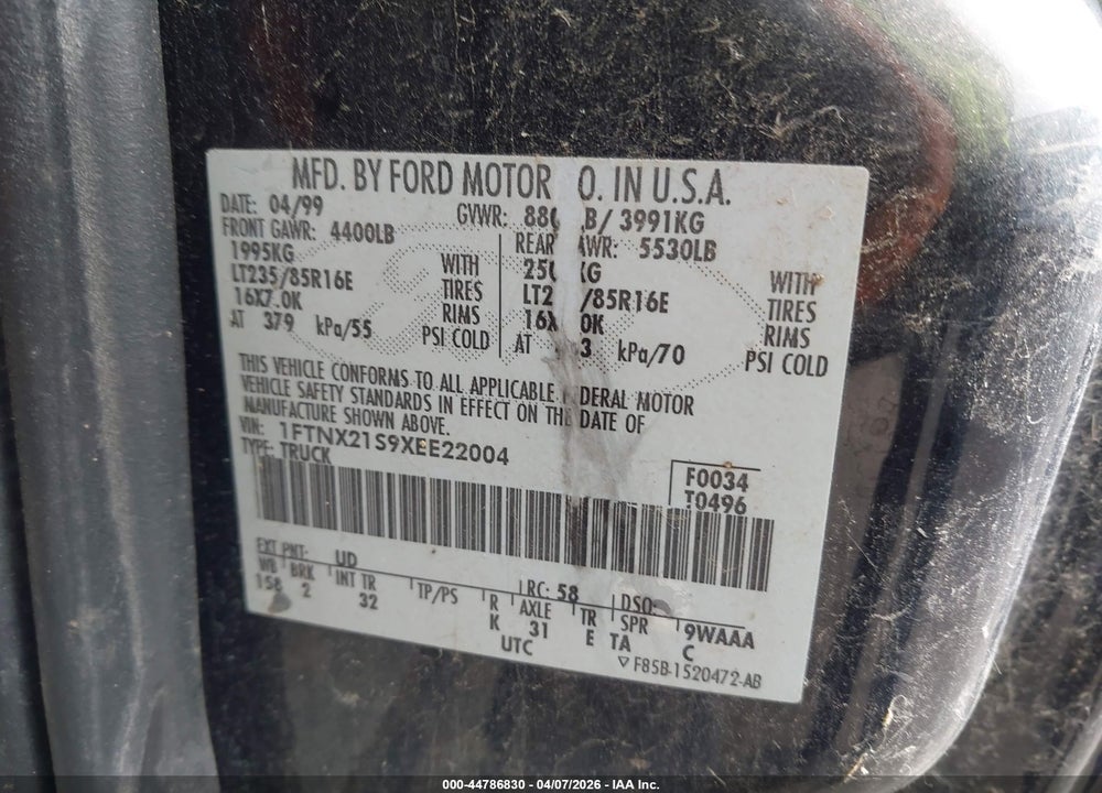 1999 FORD F-250 LARIAT/XL/XLT VIN: 1FTNX21S9XEE22004