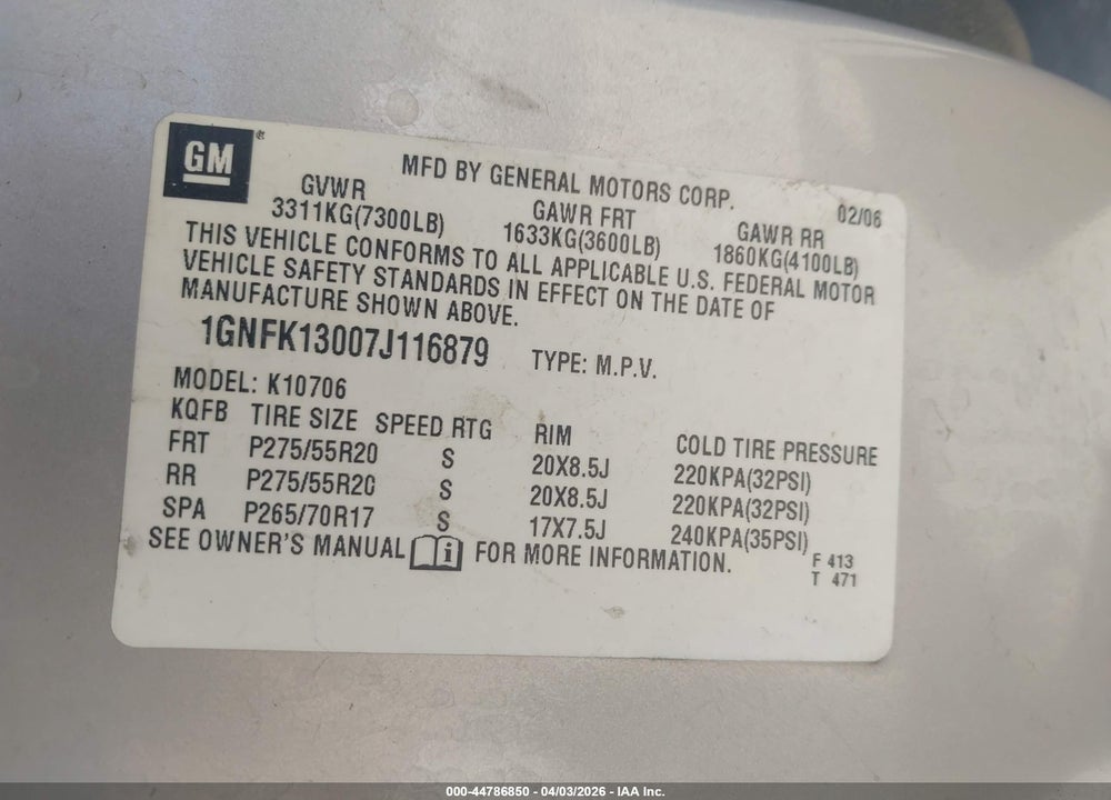 2007 CHEVROLET TAHOE LT VIN: 1GNFK13007J116879