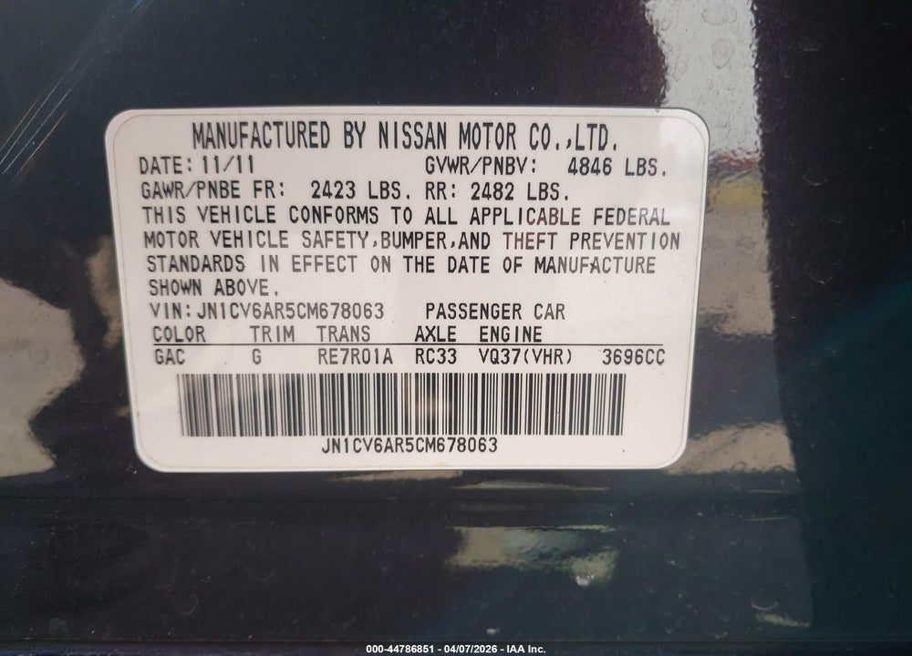 2012 INFINITI G37X VIN: JN1CV6AR5CM678063