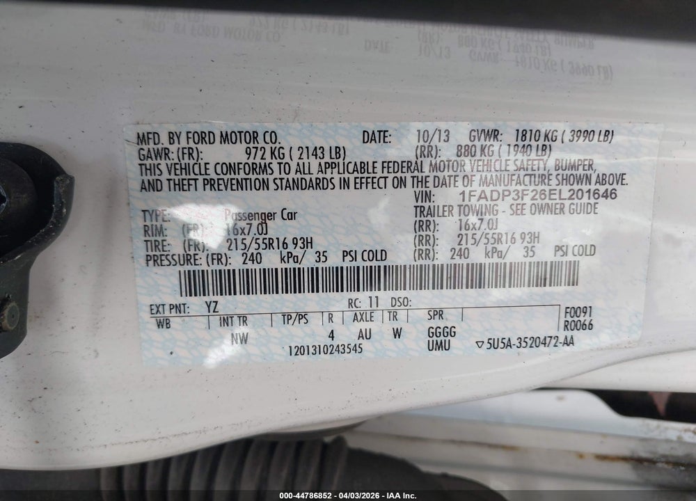 2014 FORD FOCUS SE VIN: 1FADP3F26EL201646
