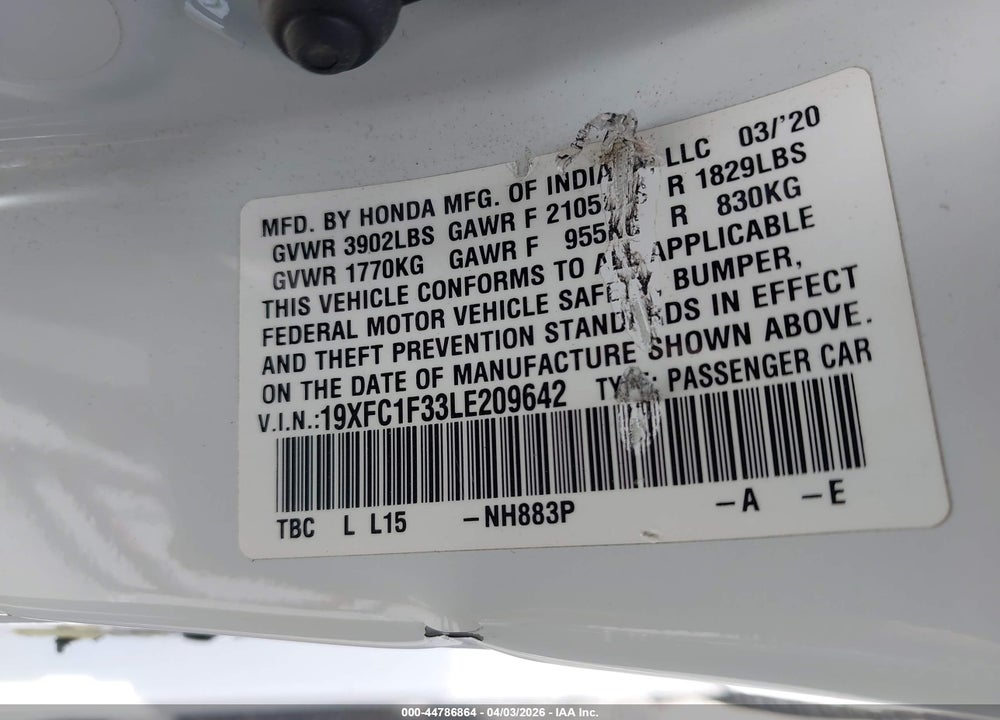 2020 HONDA CIVIC EX VIN: 19XFC1F33LE209642