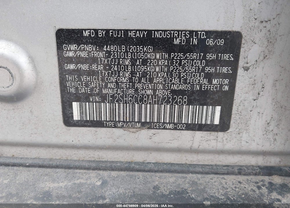 2010 SUBARU FORESTER 2.5X PREMIUM VIN: JF2SH6CC8AH723268