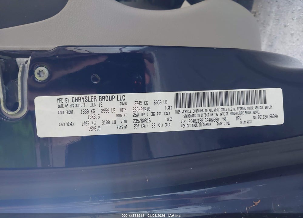 2012 CHRYSLER TOWN & COUNTRY TOURING VIN: 2C4RC1BG1CR400660