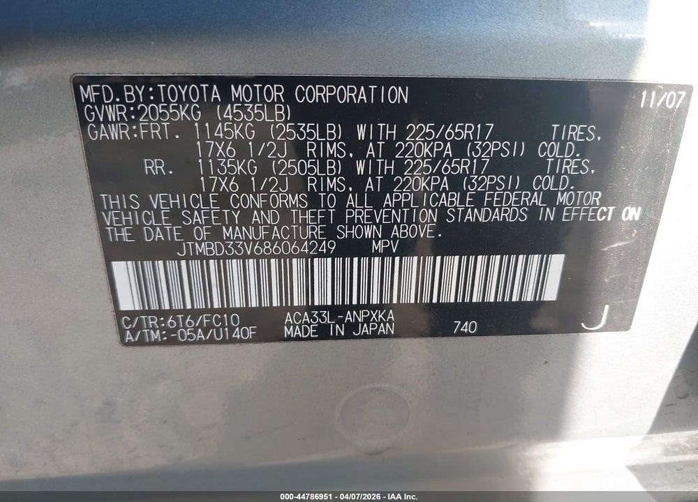 2008 TOYOTA RAV4 VIN: JTMBD33V686064249