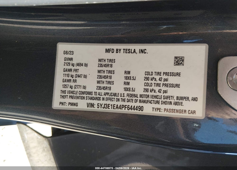 2023 TESLA MODEL 3 REAR-WHEEL DRIVE VIN: 5YJ3E1EA4PF644490