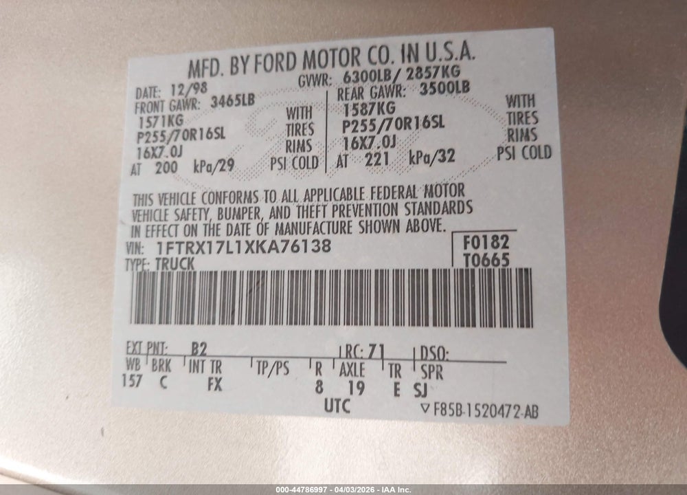 1999 FORD F-150 LARIAT/XL/XLT VIN: 1FTRX17L1XKA76138