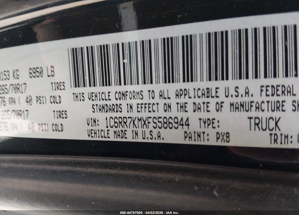 2015 RAM 1500 VIN: 1C6RR7KMXFS586944
