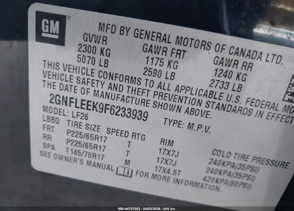 2015 CHEVROLET EQUINOX LS VIN: 2GNFLEEK9F6233939