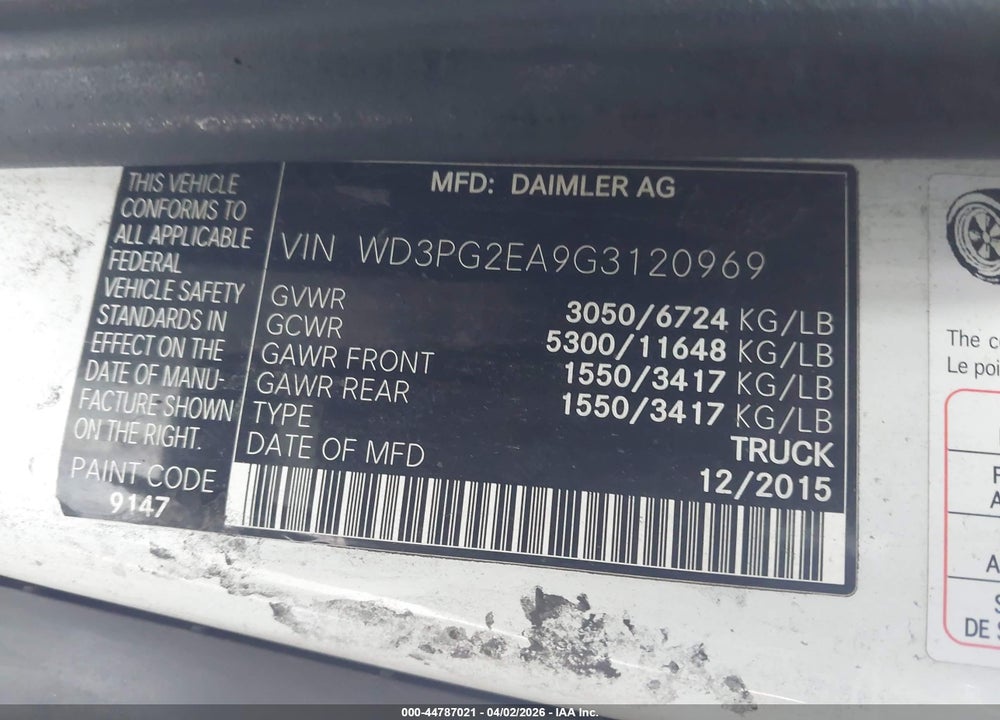 2016 MERCEDES-BENZ METRIS VIN: WD3PG2EA9G3120969