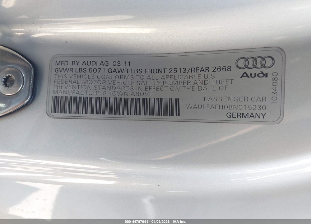 2011 AUDI A5 PREMIUM VIN: WAULFAFH0BN015230