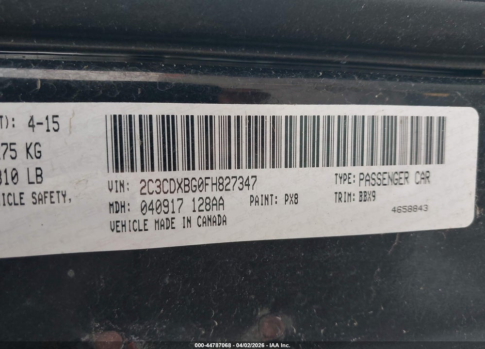 2015 DODGE CHARGER SE VIN: 2C3CDXBG0FH827347