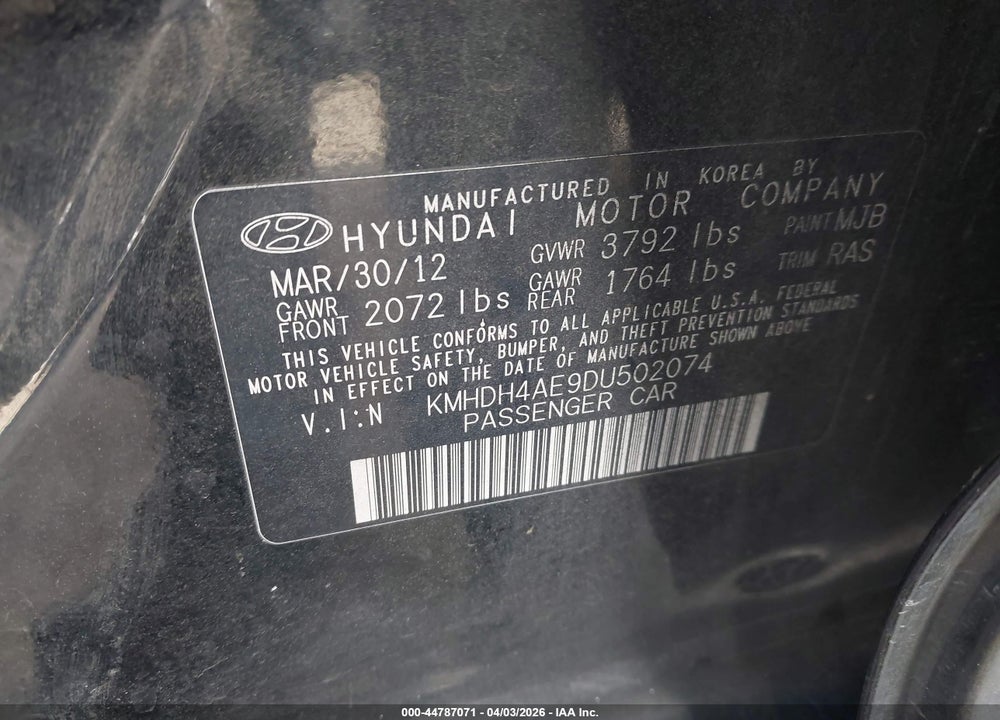 2013 HYUNDAI ELANTRA GLS/LIMITED VIN: KMHDH4AE9DU502074