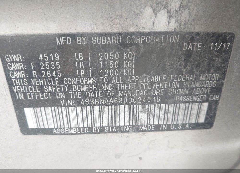 2018 SUBARU LEGACY 2.5I VIN: 4S3BNAA68J3024016