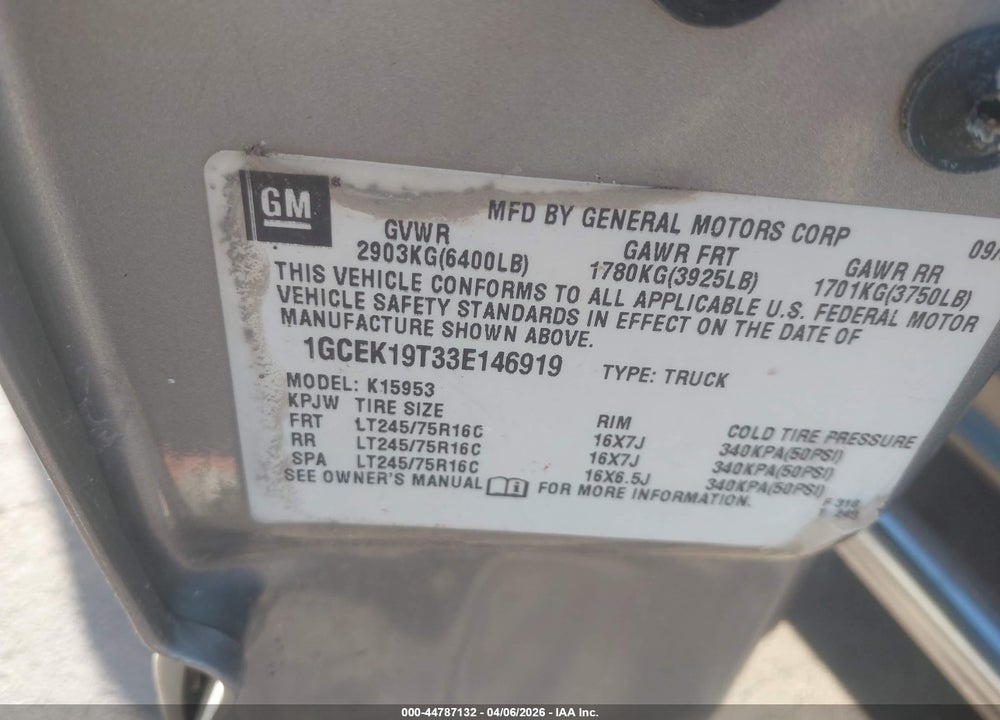 2003 CHEVROLET SILVERADO 1500 LS VIN: 1GCEK19T33E146919