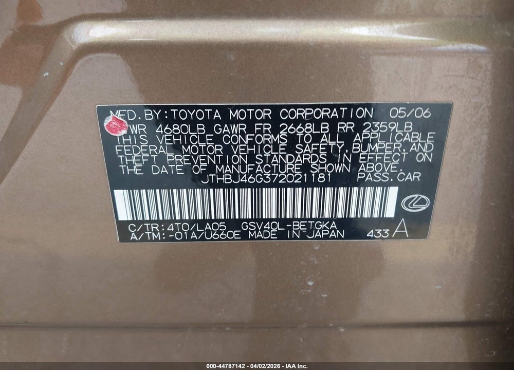2007 LEXUS ES 350 VIN: JTHBJ46G372021181