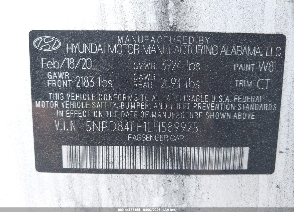 2020 HYUNDAI ELANTRA VALUE EDITION VIN: 5NPD84LF1LH589925