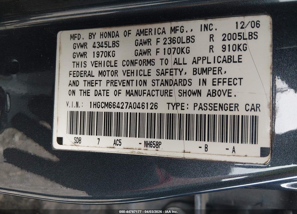 2007 HONDA ACCORD 3.0 SE VIN: 1HGCM66427A046126