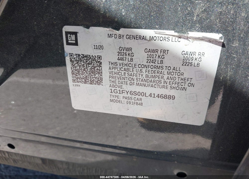 2020 CHEVROLET BOLT EV FWD LT VIN: 1G1FY6S00L4146889