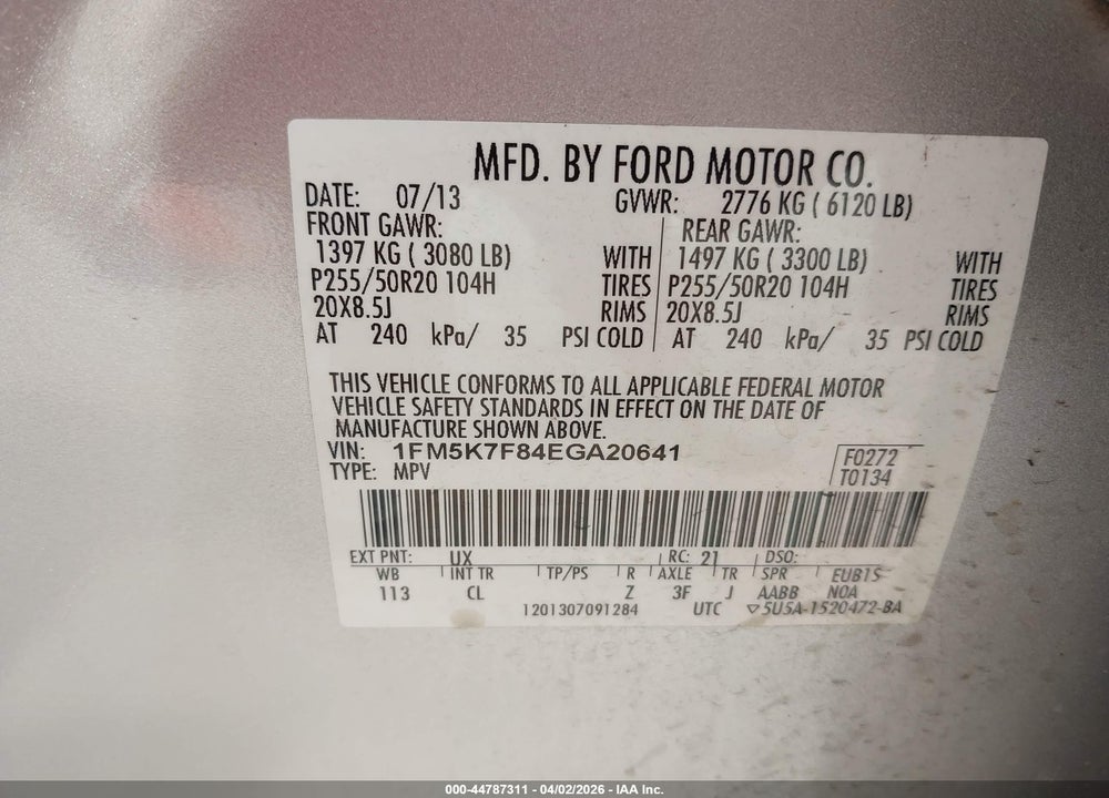 2014 FORD EXPLORER LIMITED VIN: 1FM5K7F84EGA20641