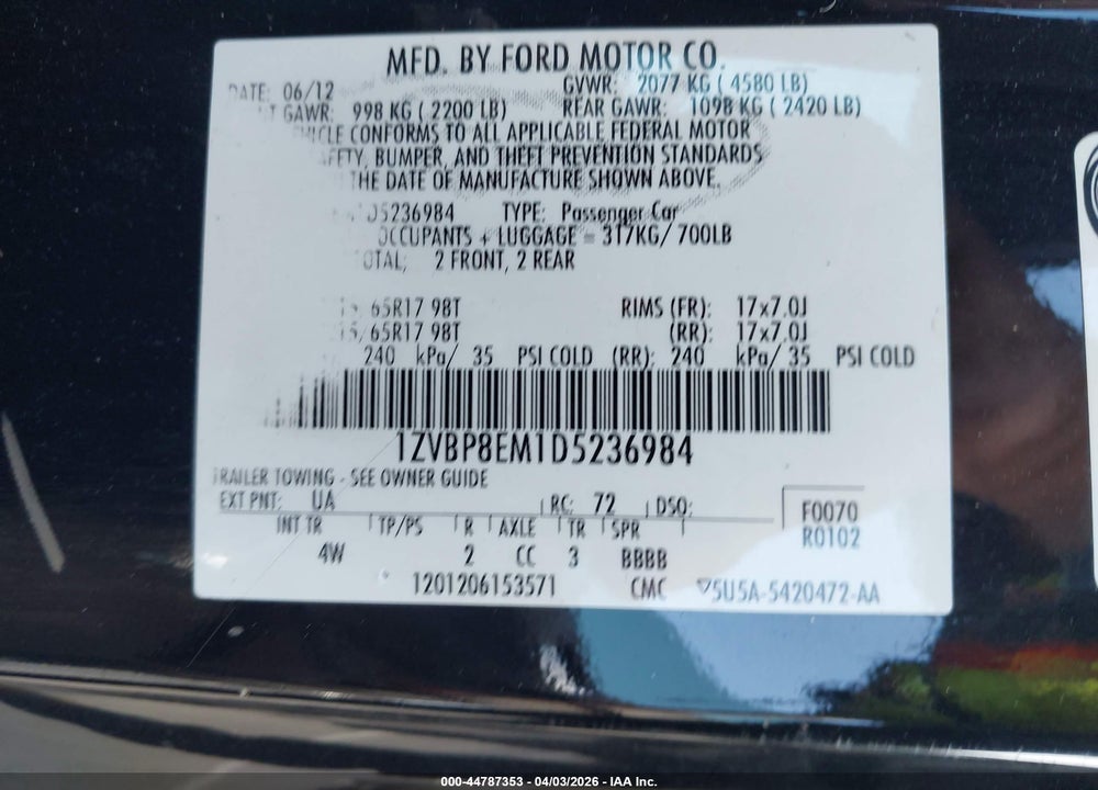 2013 FORD MUSTANG V6 PREMIUM VIN: 1ZVBP8EM1D5236984
