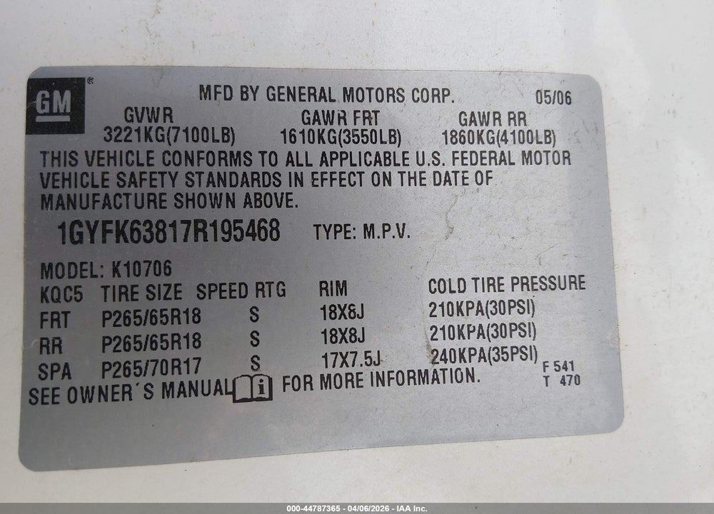 2007 CADILLAC ESCALADE STANDARD VIN: 1GYFK63817R195468