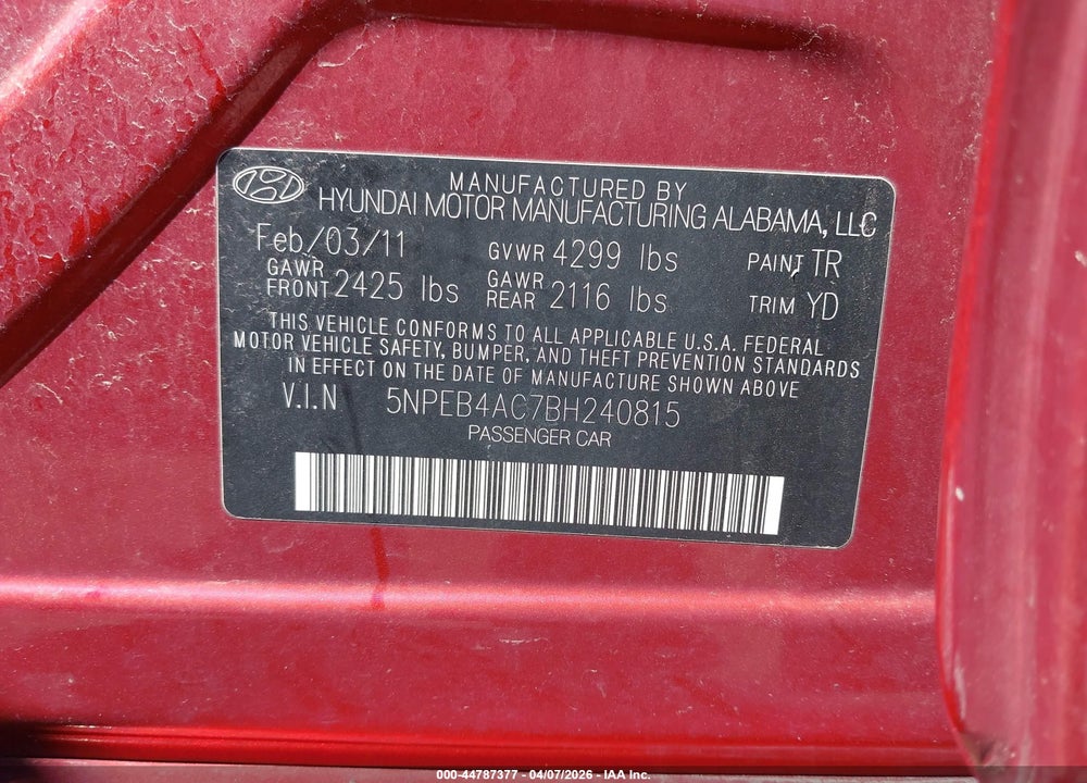2011 HYUNDAI SONATA GLS VIN: 5NPEB4AC7BH240815