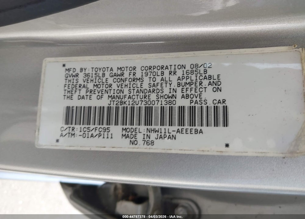 2003 TOYOTA PRIUS VIN: JT2BK12U730071380