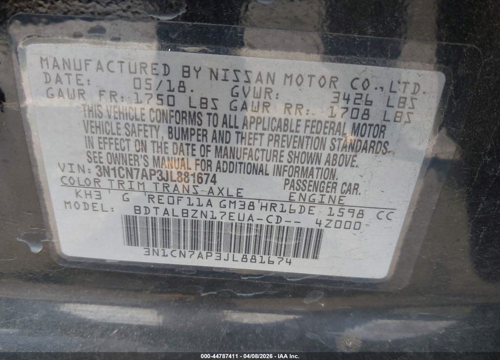2018 NISSAN VERSA 1.6 SV VIN: 3N1CN7AP3JL881674