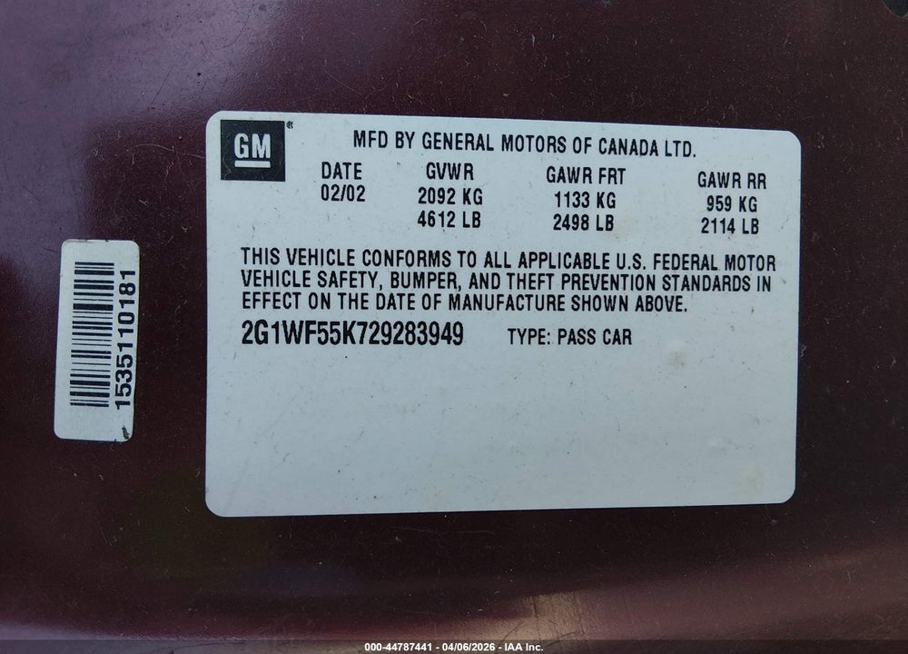 2002 CHEVROLET IMPALA VIN: 2G1WF55K729283949