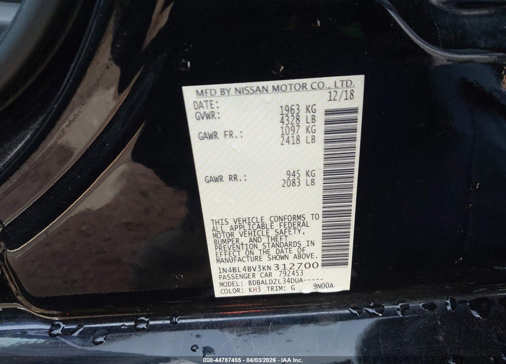2019 NISSAN ALTIMA 2.5 S VIN: 1N4BL4BV3KN312700