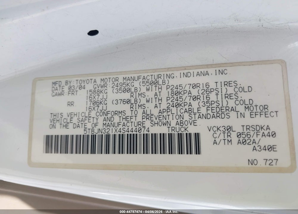 2004 TOYOTA TUNDRA VIN: 5TBJN321X4S444074