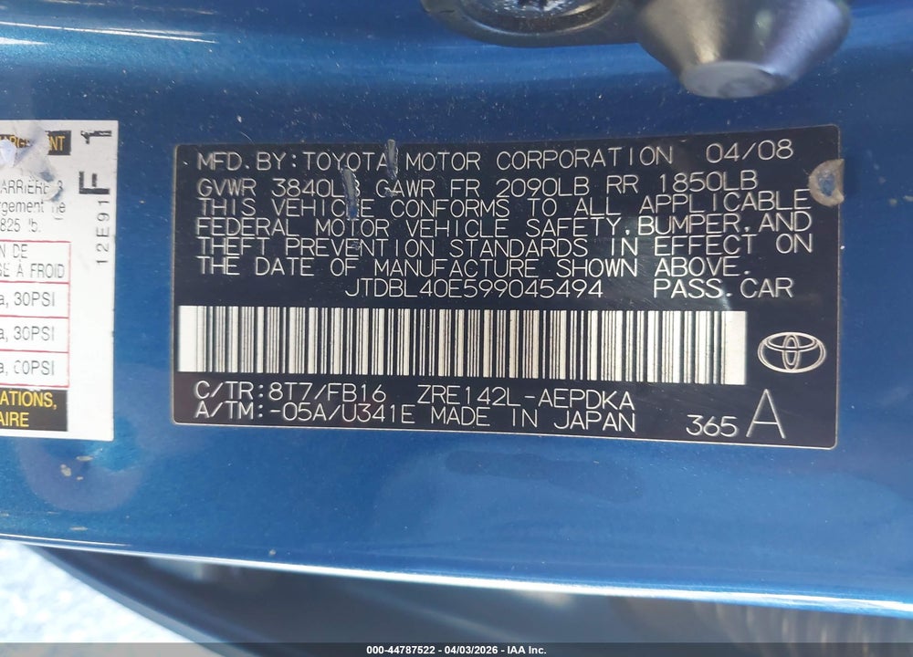 2009 TOYOTA COROLLA LE VIN: JTDBL40E599045494