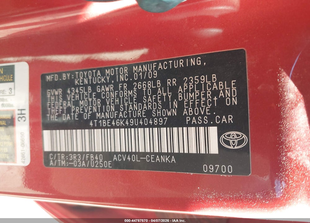 2009 TOYOTA CAMRY LE VIN: 4T1BE46K49U404897