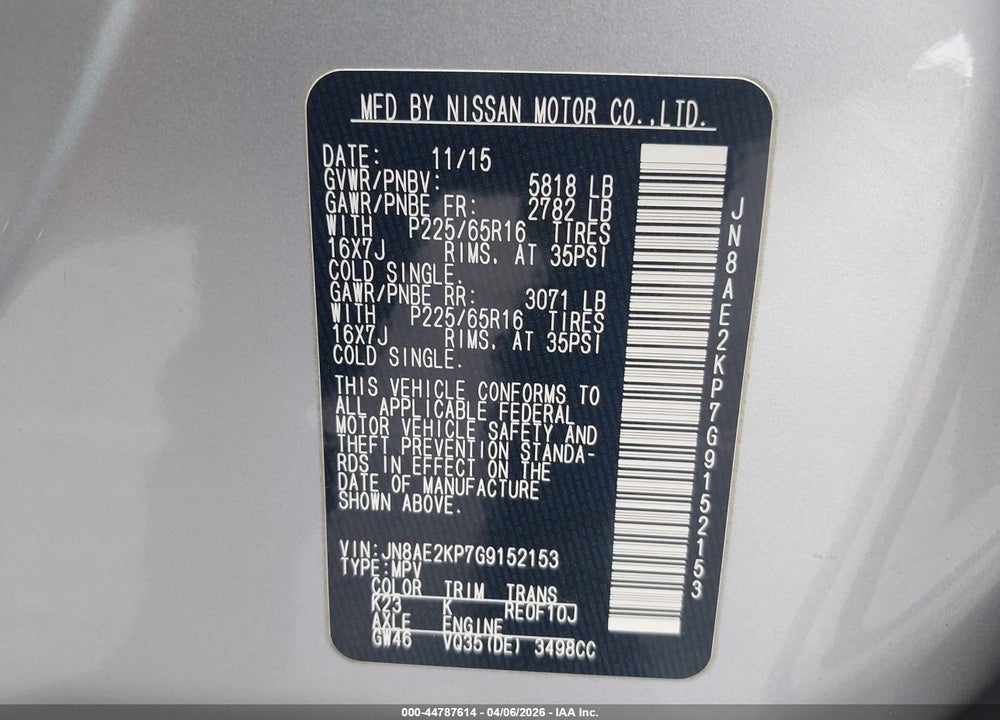 2016 NISSAN QUEST PLATINUM/S/SL/SV VIN: JN8AE2KP7G9152153