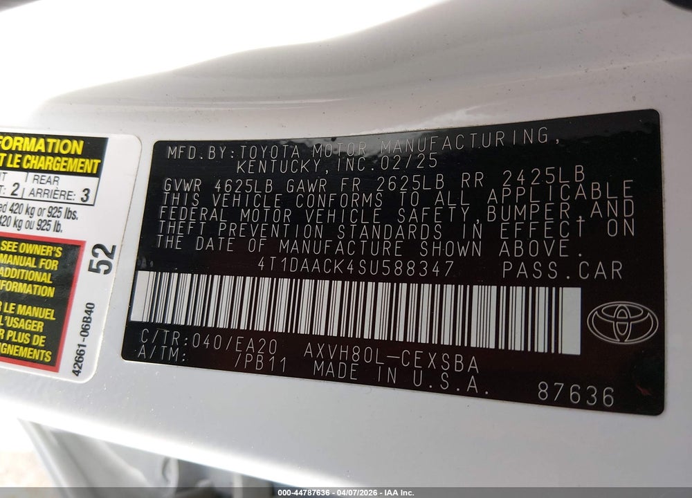 2025 TOYOTA CAMRY SE VIN: 4T1DAACK4SU588347