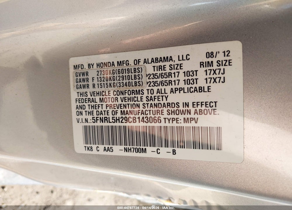 2012 HONDA ODYSSEY LX VIN: 5FNRL5H29CB143066