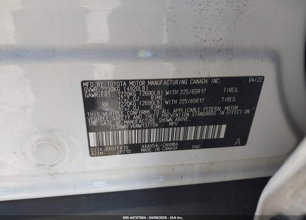 2022 TOYOTA RAV4 HYBRID XLE VIN: 2T3RWRFV6NW137704