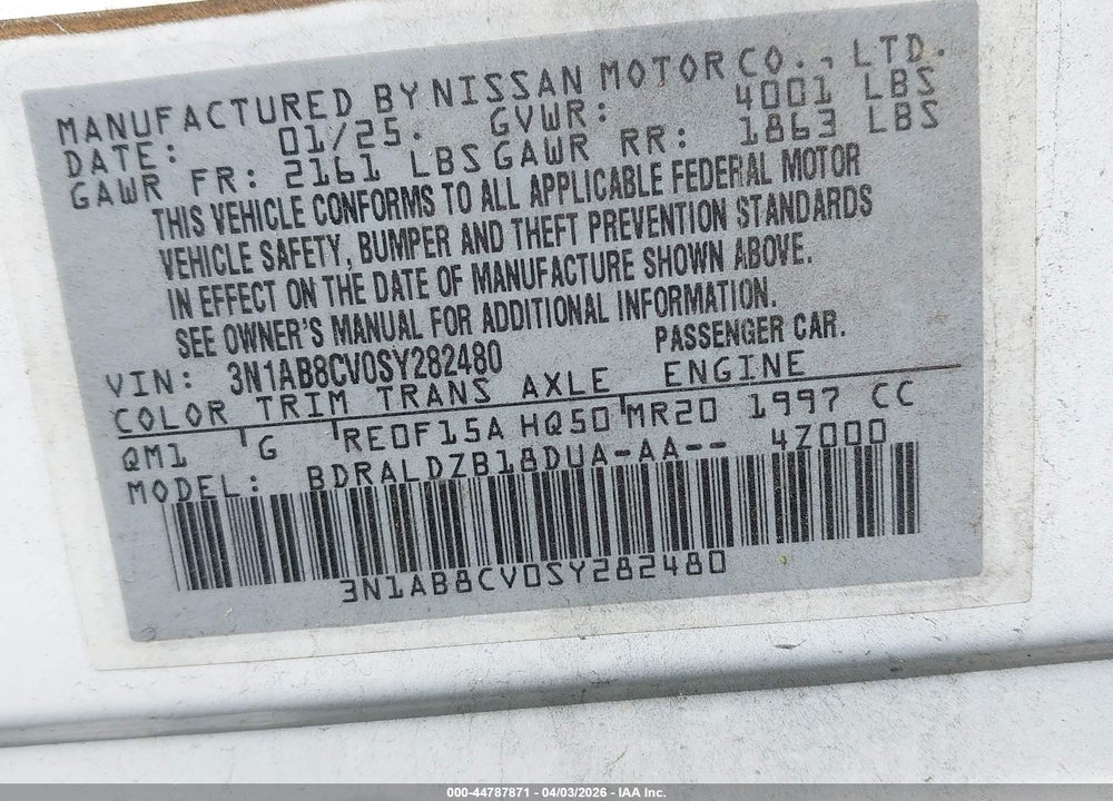 2025 NISSAN SENTRA SV VIN: 3N1AB8CV0SY282480