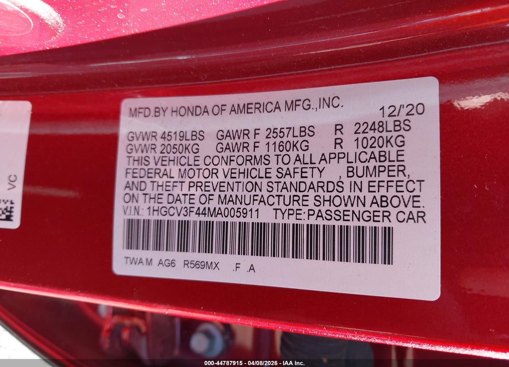 2021 HONDA ACCORD HYBRID EX VIN: 1HGCV3F44MA005911