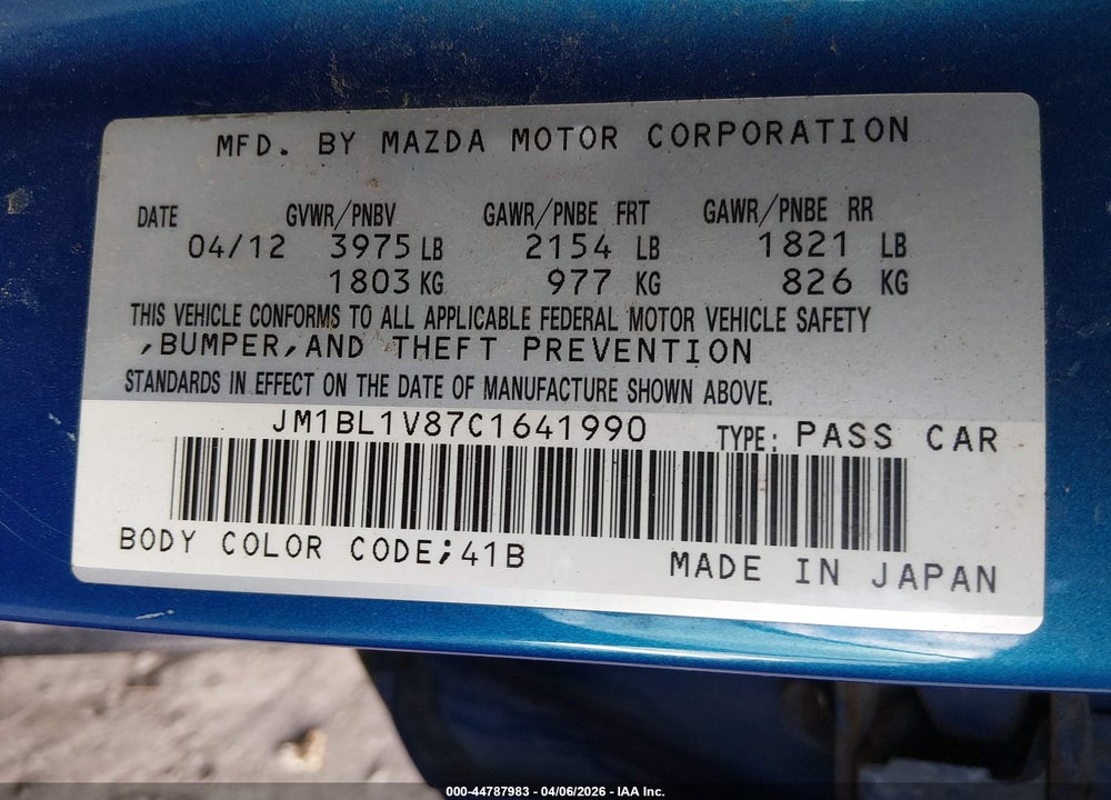2012 MAZDA 3 I TOURING VIN: JM1BL1V87C1641990