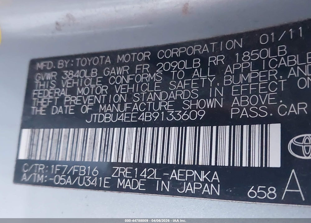2011 TOYOTA COROLLA LE VIN: JTDBU4EE4B9133609