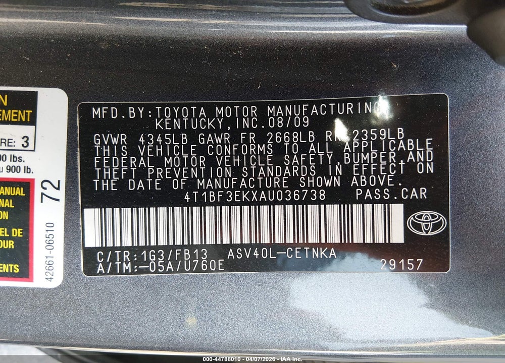2010 TOYOTA CAMRY LE VIN: 4T1BF3EKXAU036738