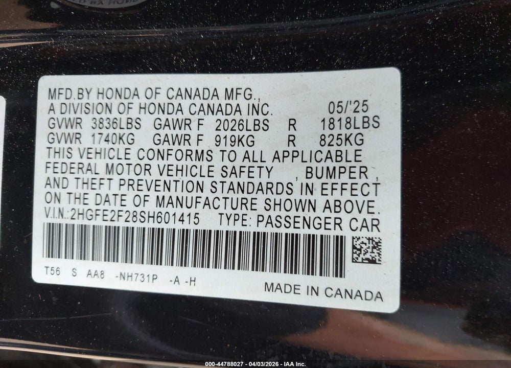 2025 HONDA CIVIC LX VIN: 2HGFE2F28SH601415