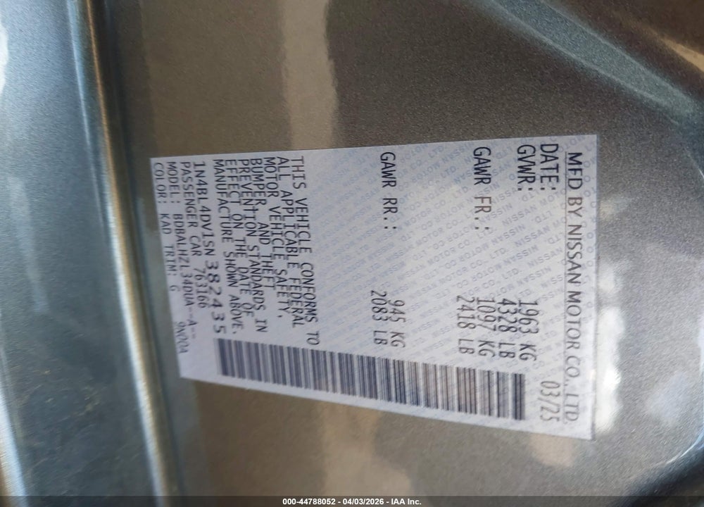2025 NISSAN ALTIMA SV FWD VIN: 1N4BL4DV1SN382435