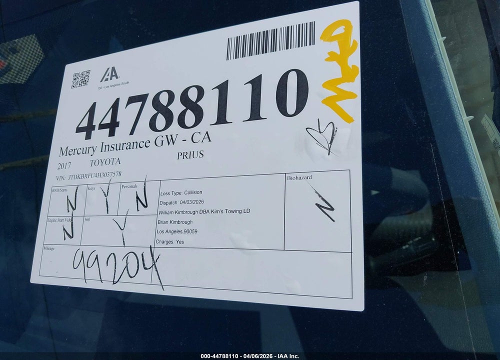 2017 TOYOTA PRIUS TWO VIN: JTDKBRFU4H3037578