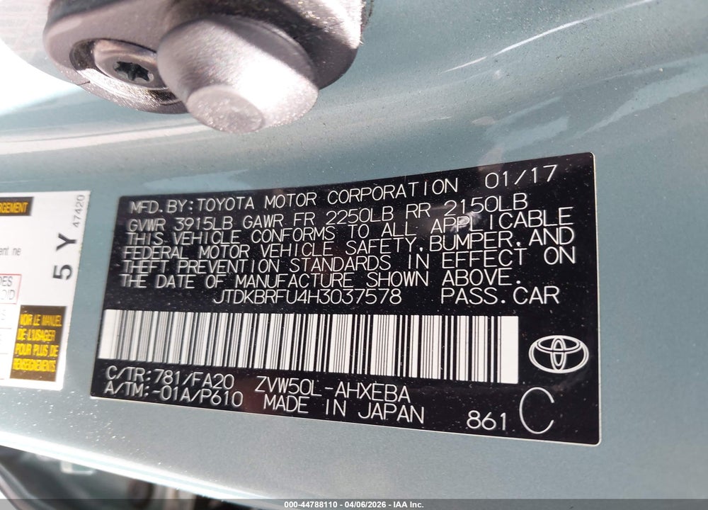 2017 TOYOTA PRIUS TWO VIN: JTDKBRFU4H3037578