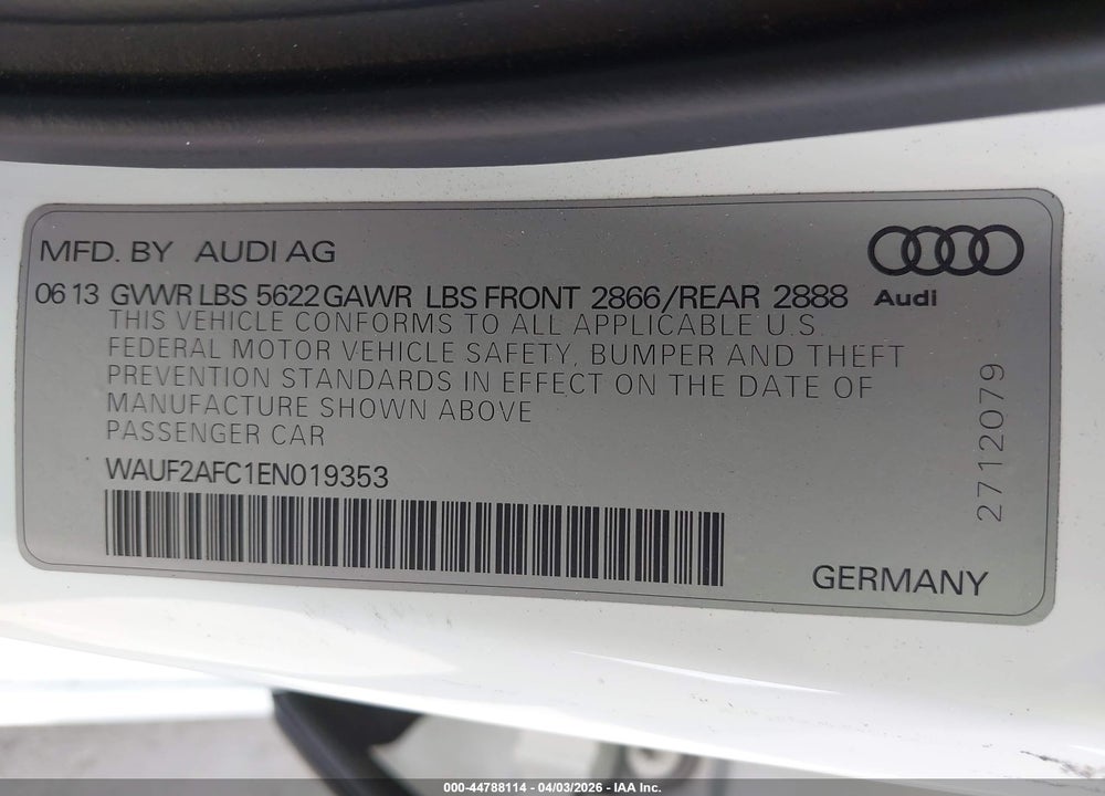 2014 AUDI S6 4.0T PRESTIGE VIN: WAUF2AFC1EN019353